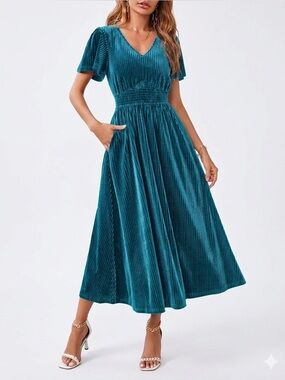 Merokeety Velvet Flutter Sleeve Teal Green Maxi Dress Size Medium NWT